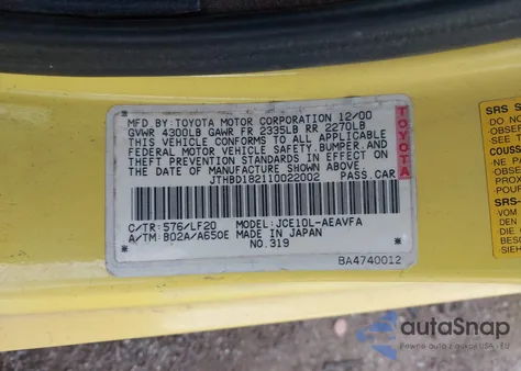 2001 Lexus Is 300 z USA, uszkodzony, nr VIN JTHBD182110022002